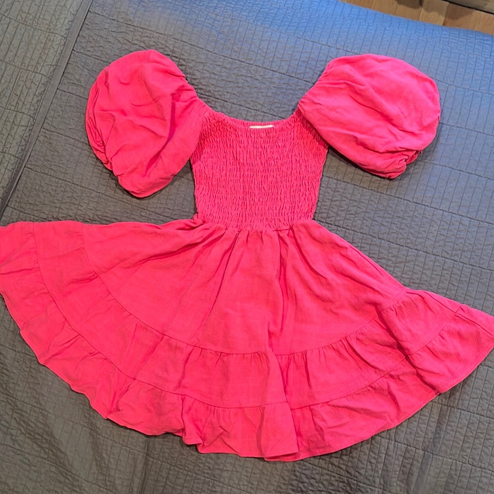 NWOT Fashion Brand Company Hot Pink Linen Smocked Picnic Dress XS